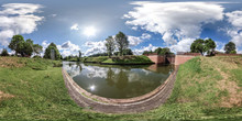 Full Spherical Seamless Hdri Panorama 360 Degrees Angle View Near Gateway Lock Sluice Construction On River, Canal For Passing Vessels At Different Water Levels In Equirectangular Projection