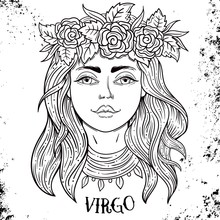 Beautiful Line Art Filigree Zodiac . Black Sign On Vintage Background.Elegant Jewelry Tattoo.Engraved Horoscope Symbol.Doodle Mystic Drawing With Calligraphy Lettering.Virgo
