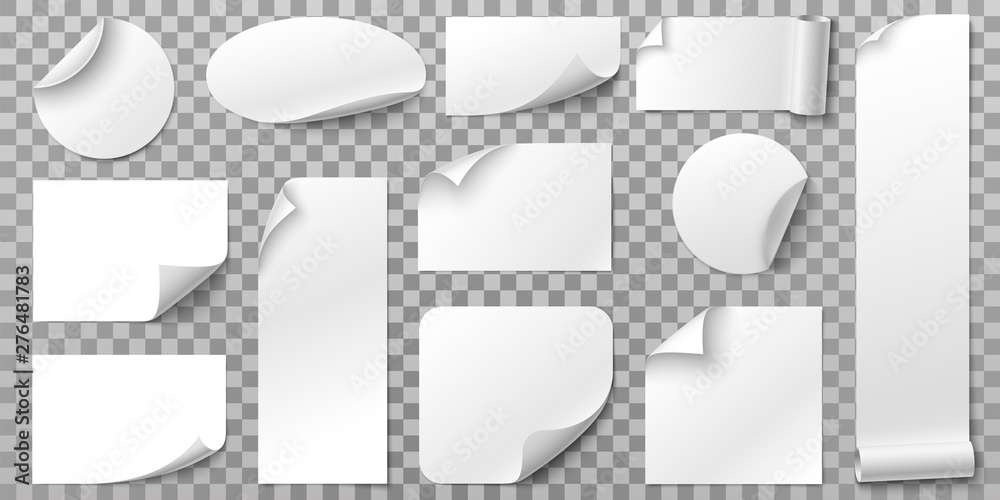 White paper stickers. Label sticker with curled corners, curve papers edge and blank tag. Book or magazine sheet, paper logo or memo sticker. Isolated 3D realistic vector symbols set - obrazy, fototapety, plakaty 