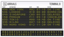 Airport Scoreboard. Digital LED Board Font, Arrivals And Departures Signs. Departure Railway Information, Arrival Abc And Numbers Info Display Realistic Symbols Vector Illustration