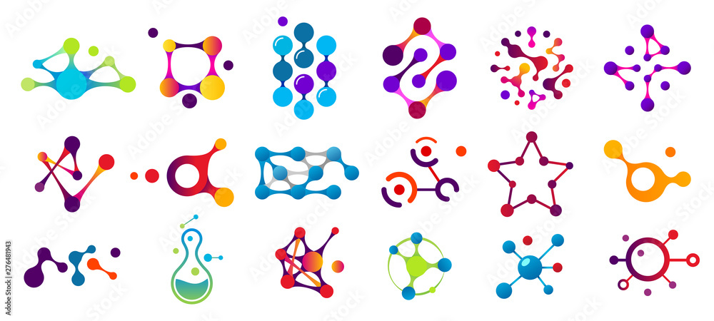 Connected molecules. Molecule connection model, chemistry particle and color molecular structure. Biology connecting logos, dna connect diagram, molecules interaction. Isolated symbols flat vector set - obrazy, fototapety, plakaty 