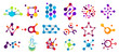 Connected molecules. Molecule connection model, chemistry particle and color molecular structure. Biology connecting logos, dna connect diagram, molecules interaction. Isolated symbols flat vector set