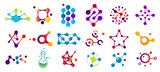 Fototapeta  - Connected molecules. Molecule connection model, chemistry particle and color molecular structure. Biology connecting logos, dna connect diagram, molecules interaction. Isolated symbols flat vector set