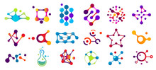 Connected Molecules. Molecule Connection Model, Chemistry Particle And Color Molecular Structure. Biology Connecting Logos, Dna Connect Diagram, Molecules Interaction. Isolated Symbols Flat Vector Set