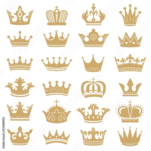 Gold crown silhouette. Royal crowns, coronation king and luxury queen tiara silhouettes. Golden monarch hat, aristocracy crown or royal medieval leadership signs. Isolated icons vector set Wall mural