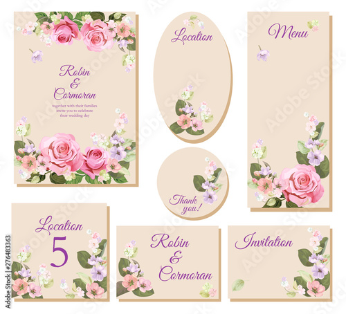Set wedding invitation cards, layout menu, rsvp, label, save the date mock up...