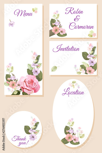 Set wedding invitation cards, layout menu, rsvp, label, save the date mock up...