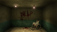 Horror And Creepy Front Of The Examination Room And Wheelchair In The Hospital And Help Blood .3D Rendering