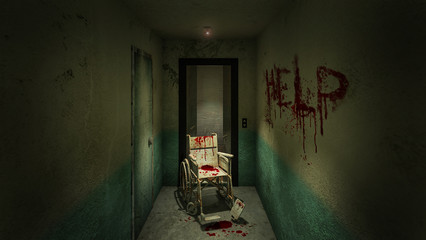 Wall Mural - horror and creepy lift with wheelchair in the hospital and help blood.3D rendering