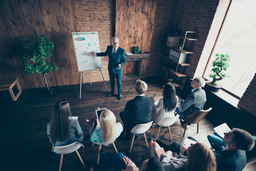 Sticker - Teacher center hall information speech executive talk concept. High angle above view photo of smart black suit old mature in glasses senior trader skilled entrepreneur stand near whiteboard