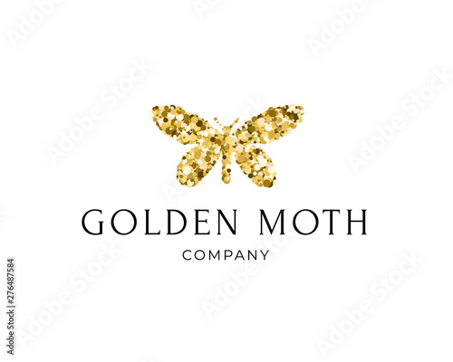 Fotomural Butterfly silhouette with golden glitter confetti texture on white background with text Golden Moth