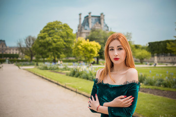 Wall Mural - Woman in velvet vintage dress at Paris. Vintage style in everyday life, Concept of Old Europe  