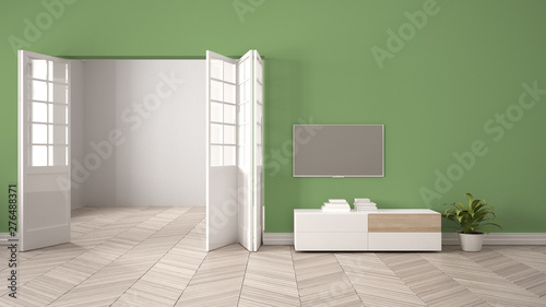 Modern Green Living Room With White Furniture And Tv Blank