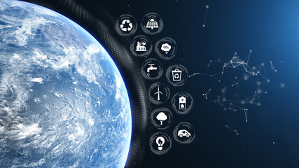 Wall Mural - earth green energy infographics half orb day white icons place your own text