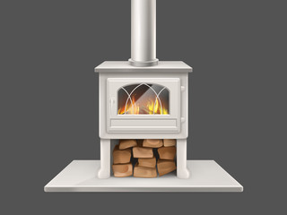 House fireplace with painted in white, metallic or marble stone firepit and chimney pipe, closed door with fireproof glass fire-box, flaming firewood inside isolated 3d realistic vector illustration