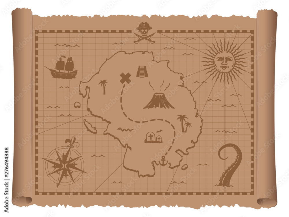 Pirate treasure map vector illustration - obrazy, fototapety, plakaty 