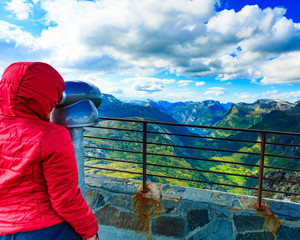 Poster - Tourist looking through binoculars in mountains, Norway