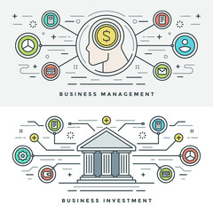 Poster - Flat line Investment and Business Management Concept Vector illustration. Modern thin linear stroke vector icons.