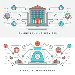 Poster - Flat line Banking and Financial Management Concept Vector illustration. Modern thin linear stroke vector icons.
