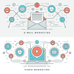 Poster - Flat line E-mail and Video Marketing Concept Vector illustration.
