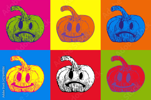 Vector hand drawn ink illustration of few multicolored pumpkin lanterns Fotobehang