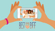 Two hands are holding a smartphone with a selfie photo of a group of teen girls on the screen. Group selfie on your smartphone. Phrase best friends. Bff. Cartoon vector illustration.