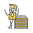 businessman and stack of documents yellow stick figure theme