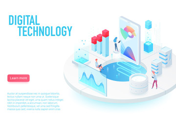 Aufkleber - Digital and Internet technology landing page isometric vector template. App interface and web development 3d web banner concept. Software programming, optimization and testing.