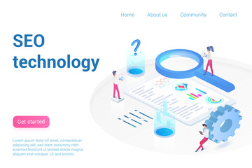 Aufkleber - SEO technology landing page isometric vector template. Analysts team analyzing statistics, marketers making research. 3d web banner concept. Data analysis, business analytics website homepage layout