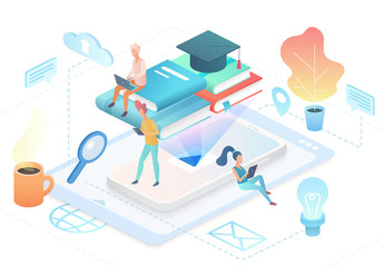 Wall Mural - Online education vector isometric illustration. E-learning, Internet courses, distance university, remote job. Students watching video tutorials, reading ebooks 3d cartoon characters
