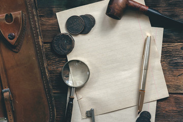 Wall Mural - top secret document or letter mock up on a detective table background. traveler notebook blank pages