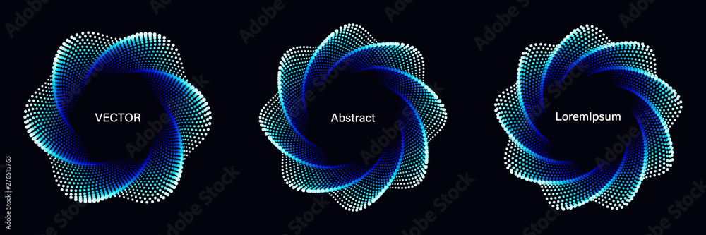 Set of Spiral Dotted Graphic Elements in Blue Tones. Geometric Vector Frames on Black Background. - obrazy, fototapety, plakaty 