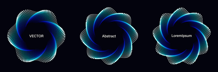 Poster - Set of Spiral Dotted Graphic Elements in Blue Tones. Geometric Vector Frames on Black Background.