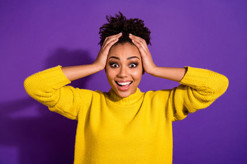 Sticker - Close-up portrait of her she nice-looking attractive lovely winsome cheerful cheery girlish glad wavy-haired girl got good great news isolated over bright vivid shine violet background