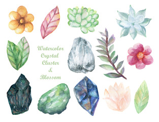 Wall Mural - Watercolor gouache isolate colorful Crytal cluster Gemstone Stone elements on white background