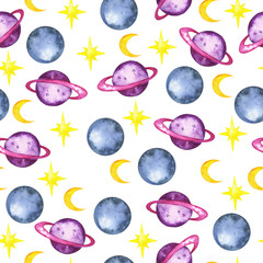 Seamless pattern with saturn, planets, stars, and moon on white background. Hand drawn watercolor illustration.