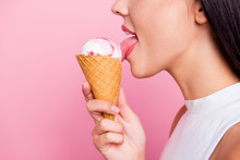 Close-up Profile Side View Portrait Of Her She Nice-looking Lovely Attractive Cheerful Cheery Glad Lady Licking Favorite Ice Cream Berry Taste Flavor Isolated Over Pink Pastel Background