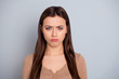 © deagreez - Close up photo amazing pretty she her lady ideal perfect appearance offense boyfriend forgot anniversary valentine day going to cry wear casual pastel brown pullover sweater isolated grey background