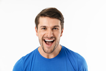 Sticker - Photo closeup of cheerful man in casual t-shirt laughing and looking at camera