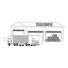 Sticker - Warehouse storage building with merchandise in black and white