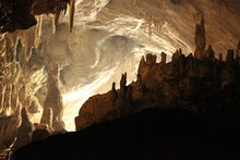Dark Interoir Of A Large Cave In Mae Hong Son State, Northern Thailand, Viewing The Opening From Inside, Seeing The Stalactites And Stalagmites 