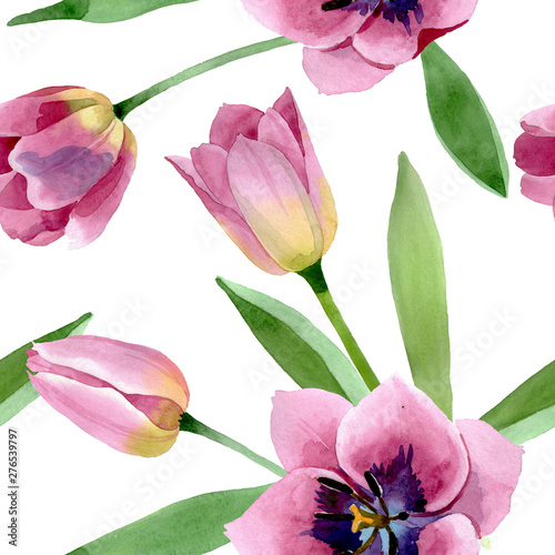 Pink tulips floral botanical flowers. Watercolor background illustration set....