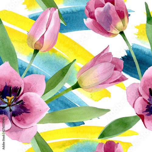 Pink tulips floral botanical flowers. Watercolor background illustration set....