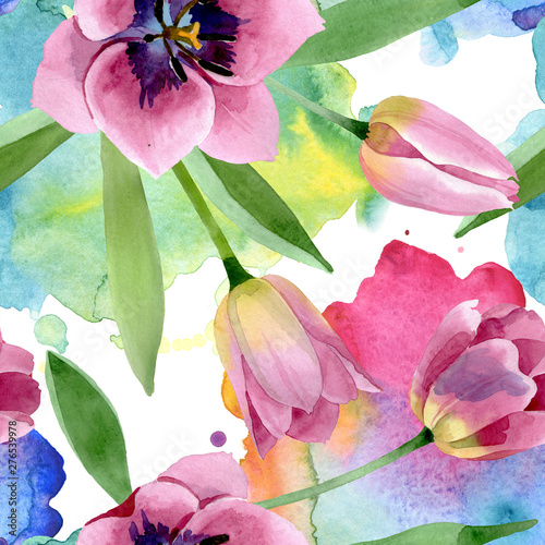 Pink tulips floral botanical flowers. Watercolor background illustration set....