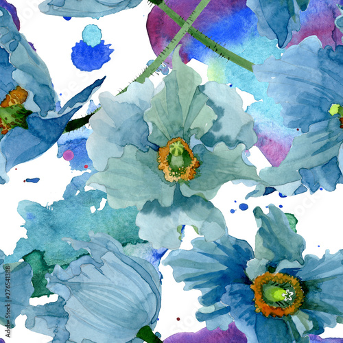 Blue poppy floral botanical flowers. Watercolor background illustration set. ...