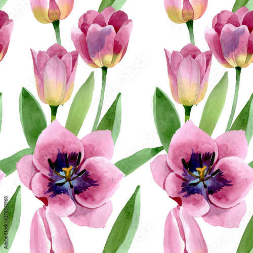 Pink tulips floral botanical flowers. Watercolor background illustration set....