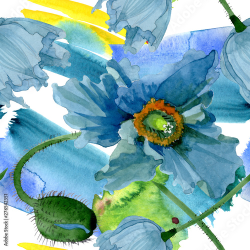 Blue poppy floral botanical flowers. Watercolor background illustration set. ...
