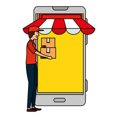 Sticker - delivery worker lifting boxes with smartphone