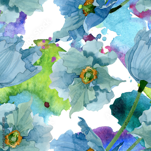 Blue poppy floral botanical flowers. Watercolor background illustration set. ...
