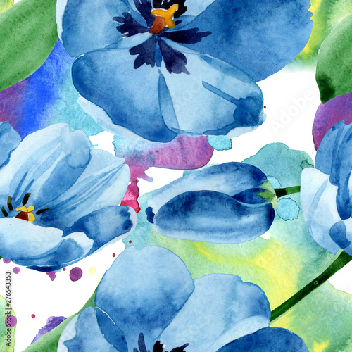 Blue tulip floral botanical flowers. Watercolor background illustration set. ...